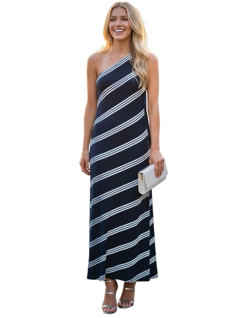 Ralph Lauren 100% Silk One-Shoulder Navy/White Striped Cocktail Maxi Dress Sz 12 - Picture 3 of 11